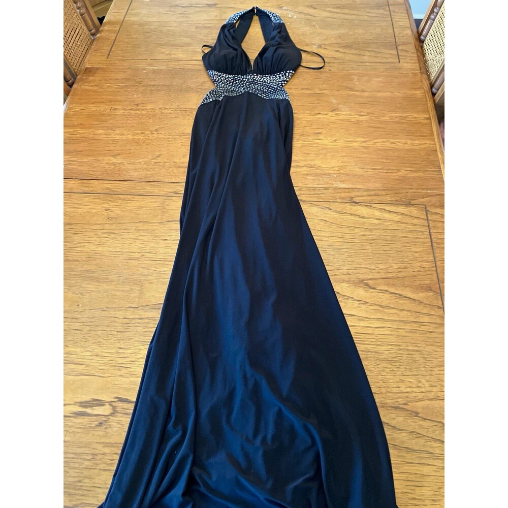 Betsy & Adam Women's Black Halter Rhinestone Chiffon Long Formal Gown Zip 2